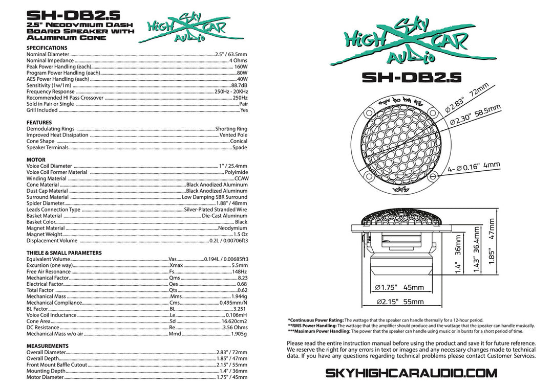 Sky High Car Audio SH-DB2.5 2.5" Neodymium Dash Board Speaker with Aluminum Cone (pair)