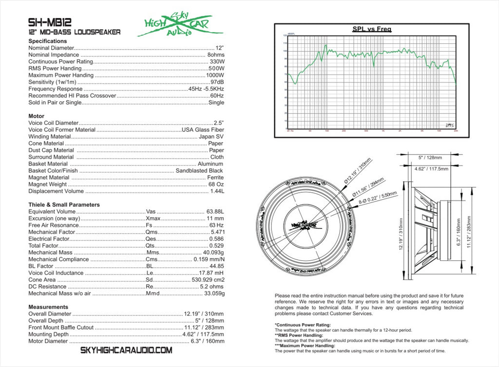 SHCA Pro Audio MB12 12" Midbass Loudspeaker 1000 Watts 8 ohm (Single)