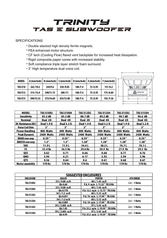 Trinity Audio Solutions E Series 10" 800w RMS D2/D4